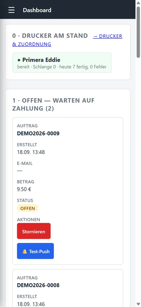 canprintweb-Dashboard auf dem Handy