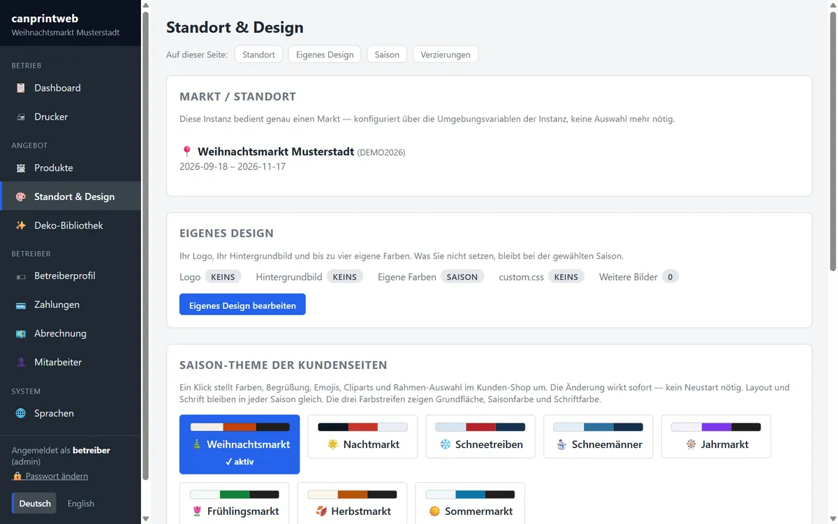 canprintweb: Seite Standort und Design mit Saison-Themes wie Weihnachtsmarkt und Nachtmarkt