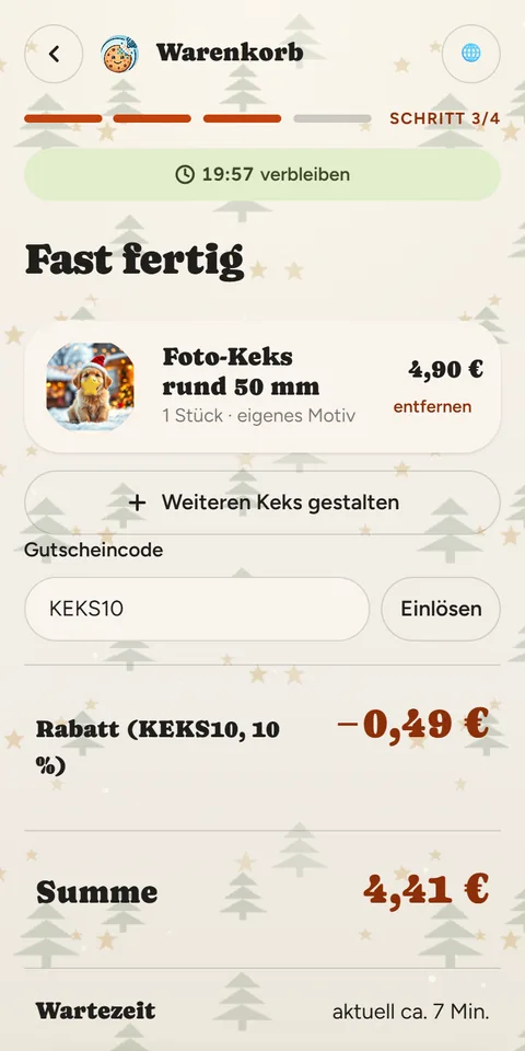 canprintweb-Kiosk: Warenkorb mit Treuecode, Rabatt, Wartezeit und Bezahlknopf