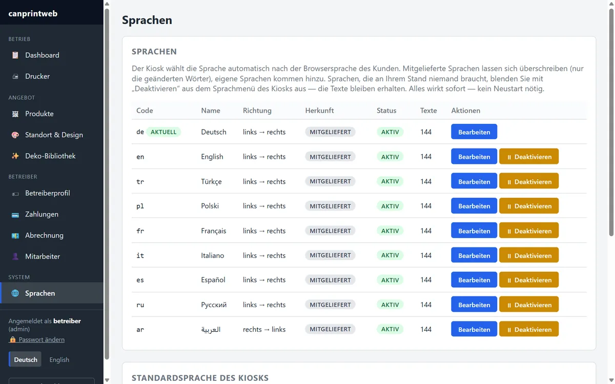 canprintweb: Sprachen des Kiosks – Deutsch, Englisch, Türkisch, Polnisch, Französisch, Italienisch, Spanisch, Russisch, Arabisch