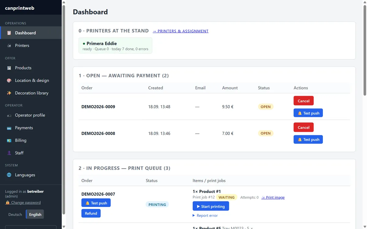 canprintweb dashboard: printers at the stall, open orders and print queue