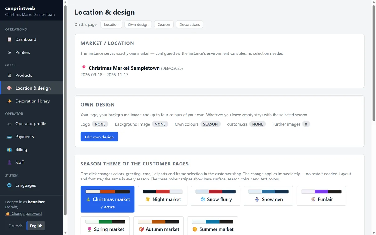 canprintweb: location and design page with seasonal themes such as Christmas market and night market