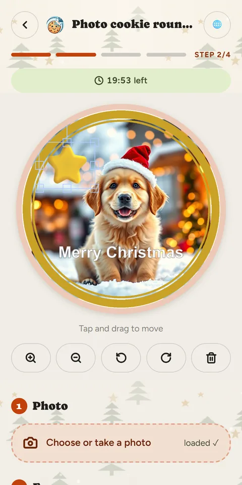 canprintweb kiosk on a phone: photo on the cookie with gold frame, star and the greeting “Merry Christmas”