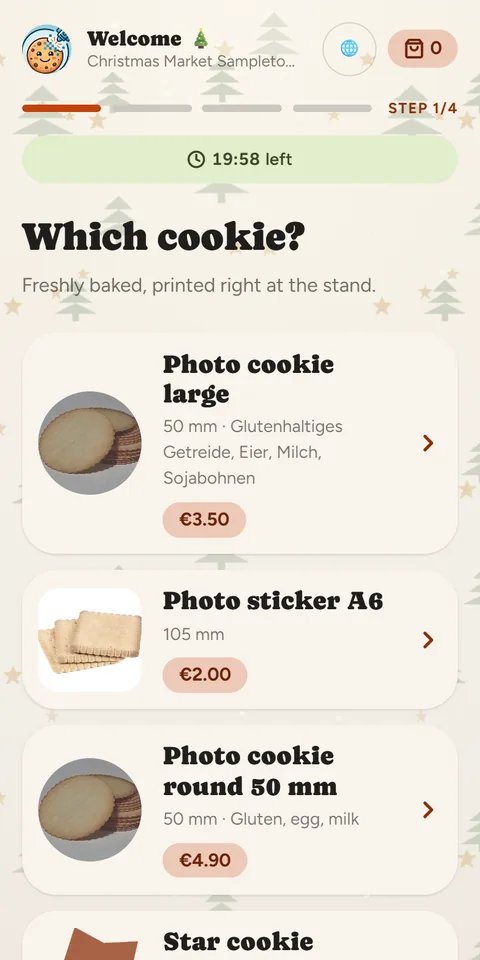 canprintweb kiosk on a phone: choosing photo cookies with size, allergens and price
