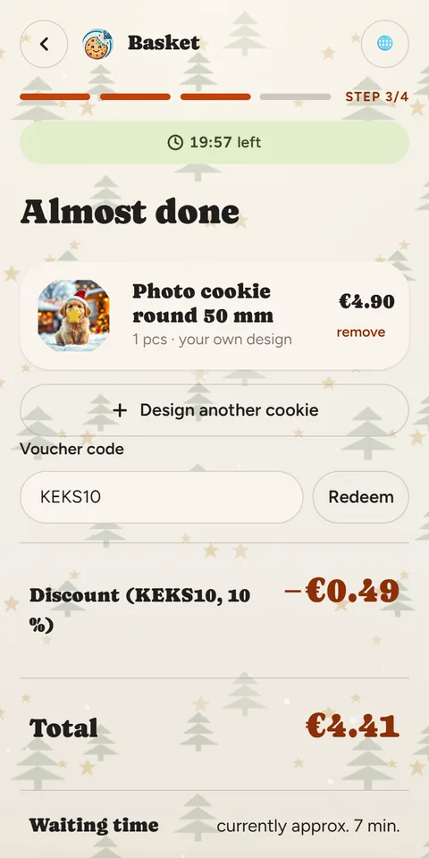 canprintweb kiosk: basket with loyalty code, discount, waiting time and pay button