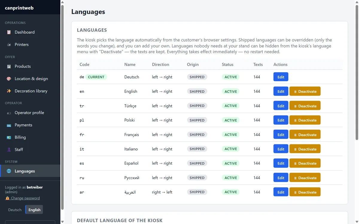 canprintweb: kiosk languages – German, English, Turkish, Polish, French, Italian, Spanish, Russian, Arabic